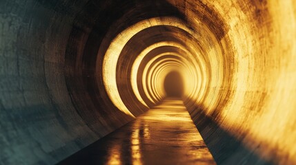 Poster - Illuminated Pathway in a Concrete Tunnel with Circular Walls and Warm Light Effects