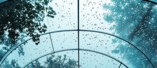 Poster - Intricate glass ceiling adorned with raindrops showcasing stunning reflections and natural light filtering through foliage above