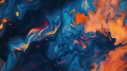 Aufkleber - Colorful abstract fluid art with swirling patterns in blue and orange hues creating a dynamic and vibrant textured background