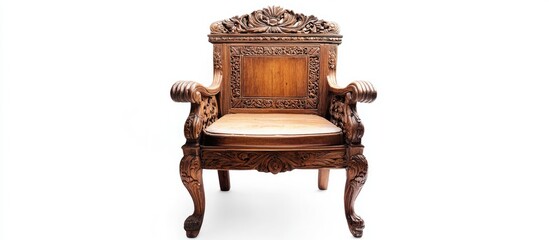 Poster - Antique wooden chair featuring intricate carvings elegantly displayed against a white background showcasing its craftsmanship and design.