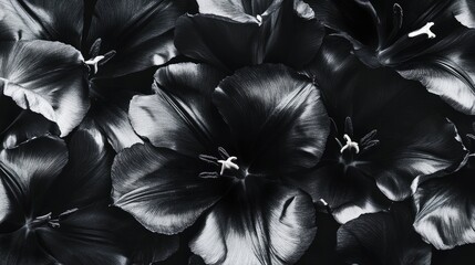 Poster - Elegant monochrome tulip flowers in intricate detail against a dramatic black floral background showcasing nature's beauty.