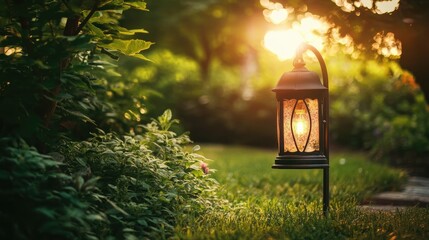 Poster - Charming vintage garden lamp casting warm light during sunset amidst lush greenery and vibrant flowers