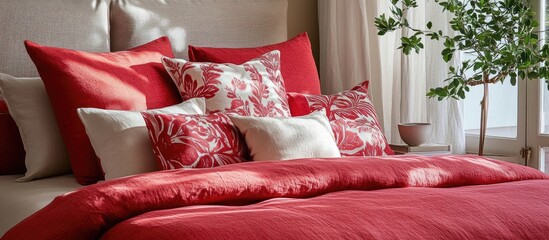 Poster - Vibrant red bedding and stylish cushions showcasing modern interior design elegance for a cozy and inviting atmosphere