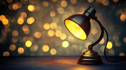 Poster - Vintage desk lamp illuminated against a blurred bokeh background creating a warm and nostalgic atmosphere for interior design concepts.