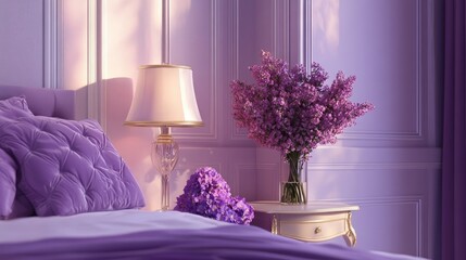 Sticker - Elegant purple bedroom decor featuring a violet cushion, floral arrangement, and stylish lamp in a serene interior setting.