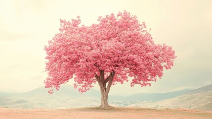 Poster - Vintage pink flowering tree under soft film color tone filter with serene landscape background ideal for romantic or nature-themed projects.