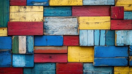 Poster - colorful vintage wooden wall texture with a rustic appearance showcasing blue red and yellow planks in a unique arrangement