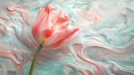 Poster - Delicate pink tulip against a dreamy pastel swirl background evoking a sense of serenity and floral beauty ideal for creative designs.