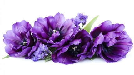 Poster - Vibrant purple tulips and delicate flowers arranged elegantly on a clean white background showcasing floral beauty and freshness.