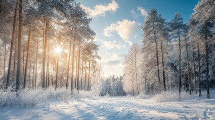 Poster - winter landscape featuring a mixed forest of spruce, birch, and pine trees illuminated by sunlight u