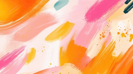 Poster - Vibrant abstract brushstroke background in warm hues of orange pink and yellow showcasing artistic textures and dynamic color blending