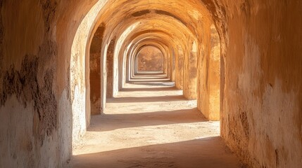 Poster - Architectural Serenity in a Tunnel Pathway Highlighting Shadows on Textured Cement Walls