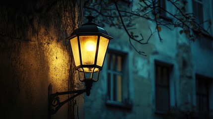 Poster - Classic Street Lamp Illuminating Historic Wall at Nighttime