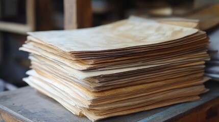 Poster - Stack of aged vintage paper sheets on wooden table in a rustic setting for artistic and historical projects.