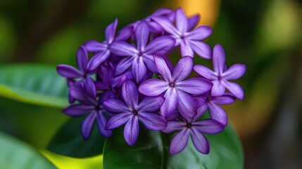 Aufkleber - Violet Ixora flower cluster blooming amidst vibrant green foliage in a serene garden setting capturing natural beauty and elegance.