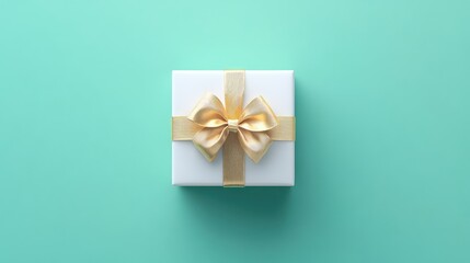 Aufkleber - Elegant white gift box with gold ribbon bow on vibrant pastel mint green background perfect for holidays and special occasions.