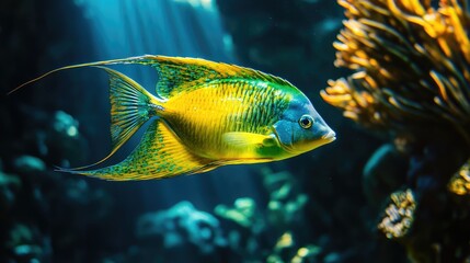 Aufkleber - Vibrant tropical fish swimming gracefully among coral reefs in a sunlit underwater environment