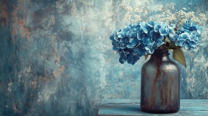 Aufkleber - vintage still life featuring blue hydrangea flowers in a rustic jar against a textured blue background