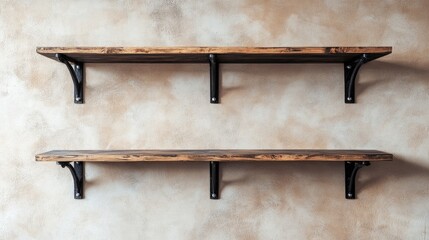 Poster - Vintage wooden shelves against textured wall ideal for product display and advertising concepts in rustic and modern interiors.