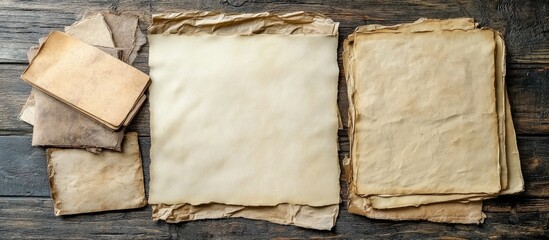 Poster - Vintage Blank Paper Sheets with Copy Space for Text on Rustic Wooden Table