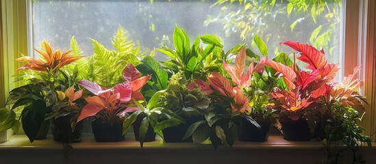 Poster - Lush tropical plants flourishing on a bright windowsill highlighting the beauty of indoor gardening and natural sunlight