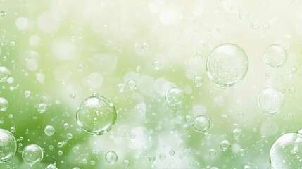 Aufkleber - White sparkling water droplets and soap bubbles on light green gradient background creating a refreshing and clean atmosphere for design elements