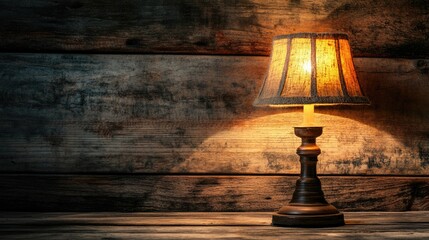 Poster - Rustic vintage table lamp illuminating wooden backdrop in warm ambient light setting