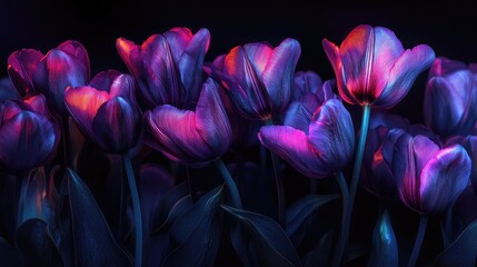Aufkleber - Vibrant violet tulips with soft lighting against a dark background creating a stunning floral arrangement for artistic presentations