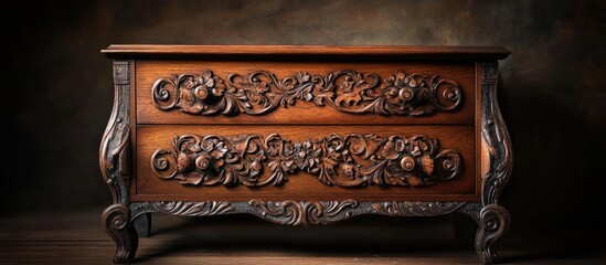Poster - Elegant vintage chest of drawers with intricate carvings and rich wood grain perfect for antique decor enthusiasts and home styling.