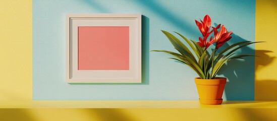 Aufkleber - White frame mockup on a colorful wall with vibrant flower pot ideal for artwork or design presentation in modern interior settings