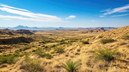 Aufkleber - Vast arid desert landscape with rocky hills and clear blue skies stretching to the horizon showcasing wilderness beauty and natural tranquility