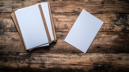 Poster - Stack of blank paper sheets on various wooden backgrounds emphasizing texture and minimalism with ample space for text or design elements