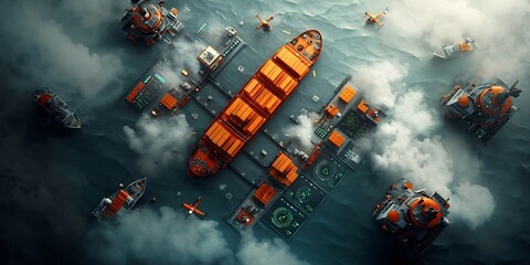Poster - Aerial view of an offshore logistics coordinator directing cargo ships and helicopters transporting equipment to multiple ocean platforms detailed data visualizations on control panels gritty style