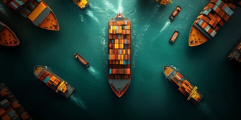 Poster - Sweeping aerial perspective of a bustling offshore logistics center showcasing the intricate choreography of cargo ships container vessels and towering cranes transferring freight