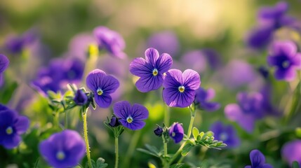 Aufkleber - Vibrant violet flowers blooming in a summer garden creating a serene and colorful landscape background.
