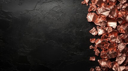 Poster - copper mineral fragments on a dark textured background with ample empty space for text or design ele