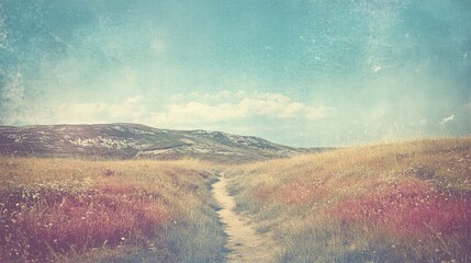 Aufkleber - Serene vintage landscape of a summer meadow with a winding path under a blue sky and soft clouds in the morning light