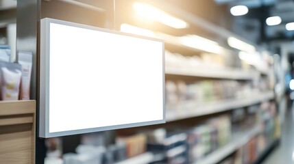 Poster - Empty white signboard hanging in retail store aisle ready for advertising display with blurred shelves in background for promotional use