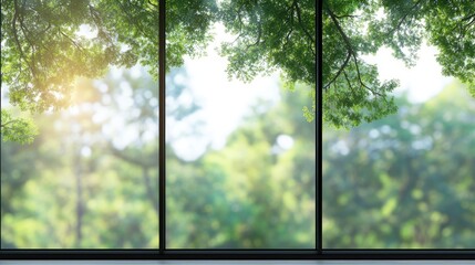 Poster - copy space on glass window with blurred natural green bokeh background showcasing serene outdoor amb