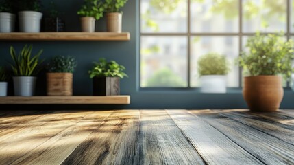 Poster - rustic wooden table with empty copy space and potted plants on shelves illuminated by natural light 