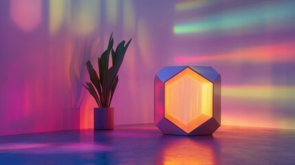 Poster - Vibrant interior scene featuring a hexagon lamp casting colorful shadows with a modern plant accent in a psychedelic vaporwave ambiance