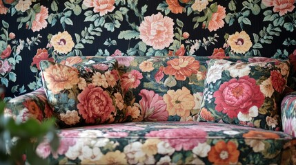 Poster - Elegant vintage floral upholstery on furniture with a rich botanical print in a cozy interior setting.