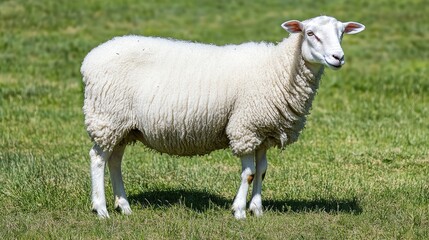 Aufkleber - White Sheep Grazing in a Lush Green Field with Scenic Mountain Landscape in Autumn Season
