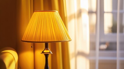 Poster - vintage yellow lamp illuminating cozy interior with sunlight spilling through sheer curtains creating a warm inviting atmosphere