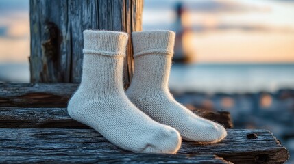 Aufkleber - White socks resting on rustic lighthouse wood symbolizing the passage of time and tranquility in a coastal setting during sunset