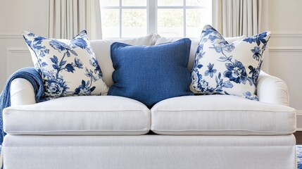 Poster - Elegant white sofa with blue floral cushions and a cozy throw blanket in a bright, modern living room setting.
