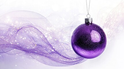Poster - Vibrant purple bauble ornament suspended with a delicate swirl of sparkly lavender fabric background