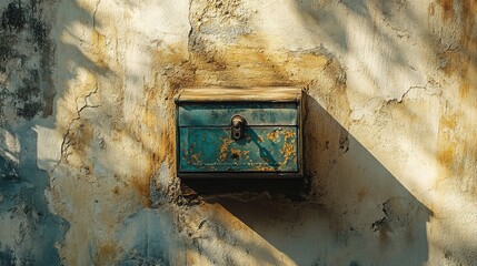 Poster - Vintage letterbox mounted on weathered wall showcasing rustic charm and historical character of an old house.