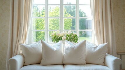 Poster - Cozy white sofa adorned with plush cushions beside a bright window framed by elegant curtains and light cream wallpaper