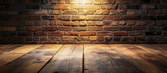 Wall Mural - Wooden board on rustic brick wall with overhead light ideal for photography background and design projects showcasing warmth and texture